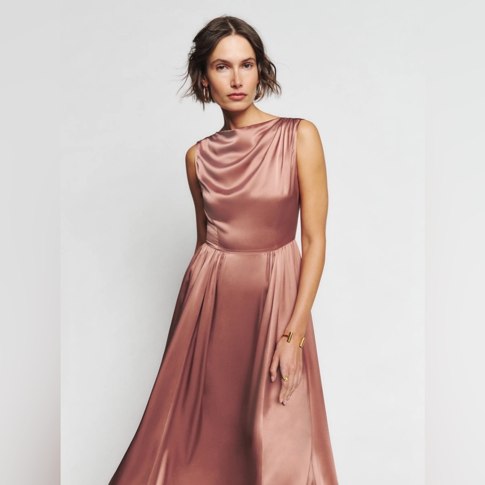 Reformation Satin Midi Boat Neck Dress in Rose Gold